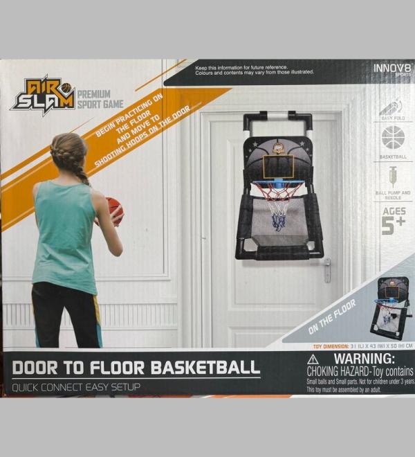 "Air Slam Door-to-Floor Basketball Hoop – Kids indoor basketball set with adjustable hoop for door and floor play, includes mini basketball and pump, perfect for skill development and active fun. Available at Butterflies Toys & Stationery, HSR Layout, Bengaluru."