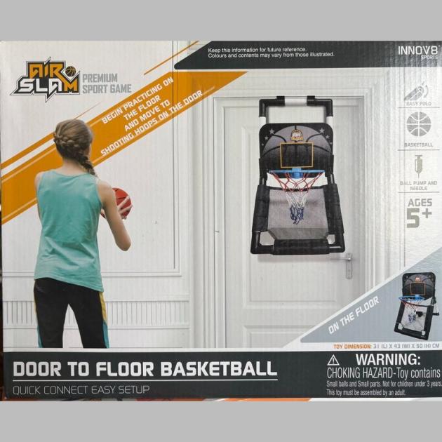 "Air Slam Door-to-Floor Basketball Hoop – Kids indoor basketball set with adjustable hoop for door and floor play, includes mini basketball and pump, perfect for skill development and active fun. Available at Butterflies Toys & Stationery, HSR Layout, Bengaluru."