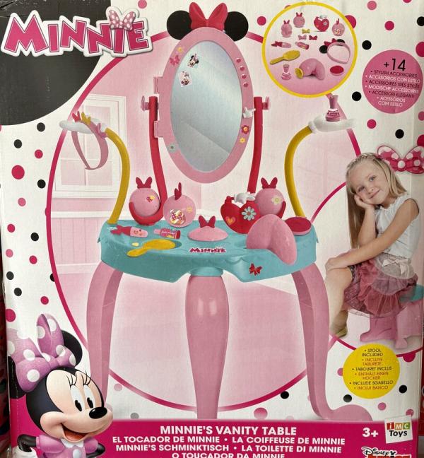 Minnie Mouse Vanity Table for Kids – Pink Dressing Table Playset with Mirror, Stool & 14 Accessories – Disney Pretend Play Beauty Set for Girls, Ages 3+
