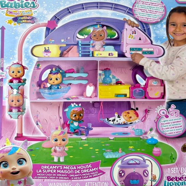 Cry Babies Magic Tears Dreamy’s Mega House, an interactive dollhouse playset featuring multiple rooms, lights, sounds, and exclusive Cry Babies dolls for imaginative play.