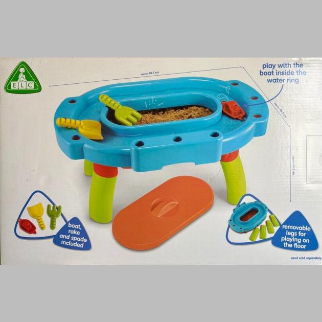 "ELC Sand and Water Play Table – Kids' outdoor activity table with removable legs, boat, rake, and spade for interactive sand and water play."