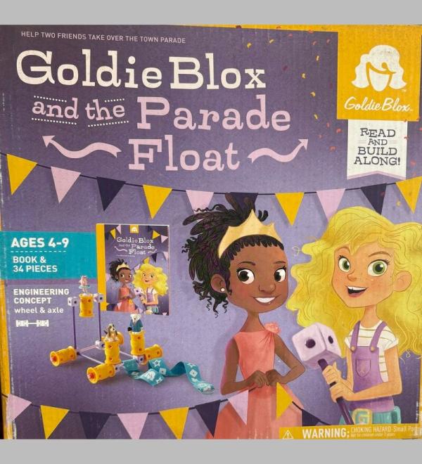 "GoldieBlox and the Parade Float STEM Kit – Engineering toy for kids aged 4-9, includes a storybook and 34-piece building set to teach wheels and axles. Ideal for STEM learning and creative play."