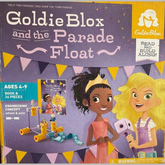 "GoldieBlox and the Parade Float STEM Kit – Engineering toy for kids aged 4-9, includes a storybook and 34-piece building set to teach wheels and axles. Ideal for STEM learning and creative play."
