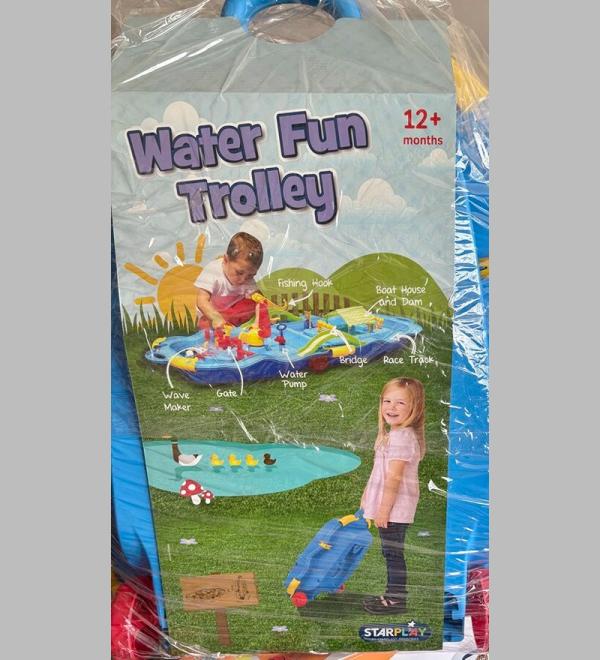 "Water Fun Trolley Playset for Kids – Portable Water Activity Table with Fishing Hook, Water Pump, Race Track, and More, Suitable for 12+ Months"