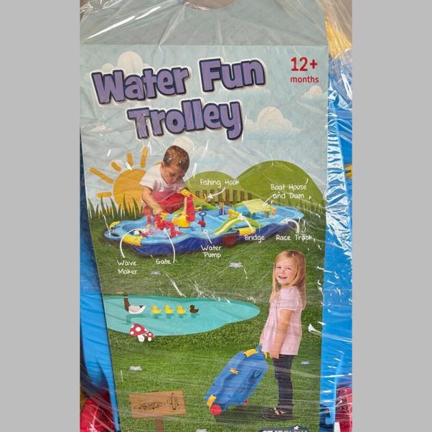 "Water Fun Trolley Playset for Kids – Portable Water Activity Table with Fishing Hook, Water Pump, Race Track, and More, Suitable for 12+ Months"