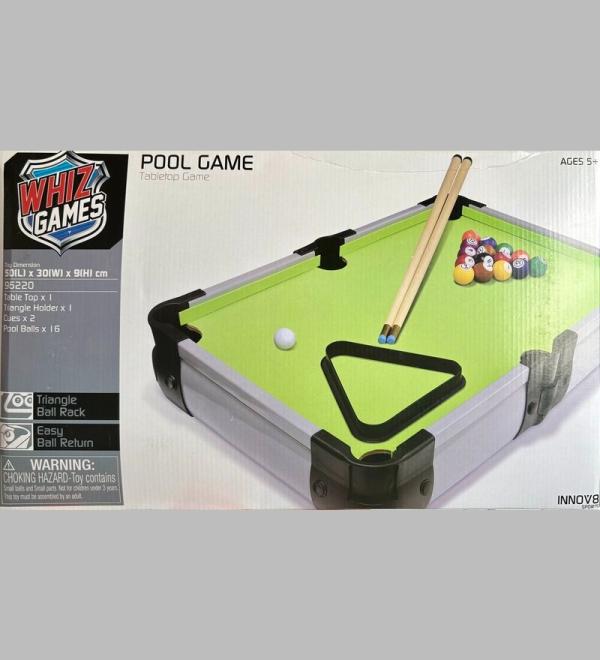 "Whiz Games Tabletop Pool Game – Compact mini pool table with cues, balls, and triangle rack, designed for kids and adults. Perfect for indoor play and family fun."
