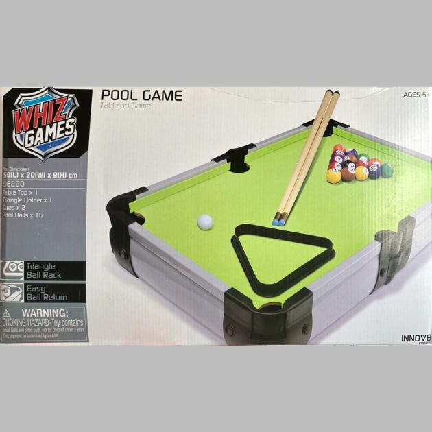 "Whiz Games Tabletop Pool Game – Compact mini pool table with cues, balls, and triangle rack, designed for kids and adults. Perfect for indoor play and family fun."