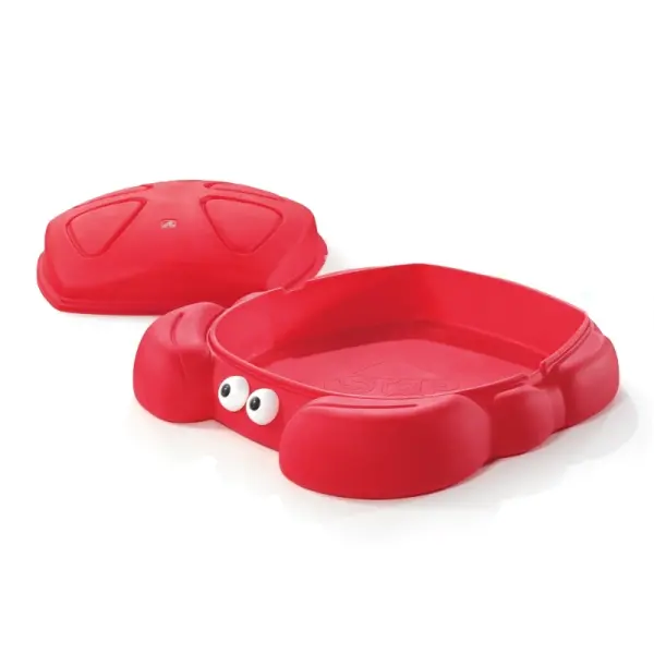 "Step2 Crabbie Sandbox with kids playing in red crab-shaped outdoor sandbox"