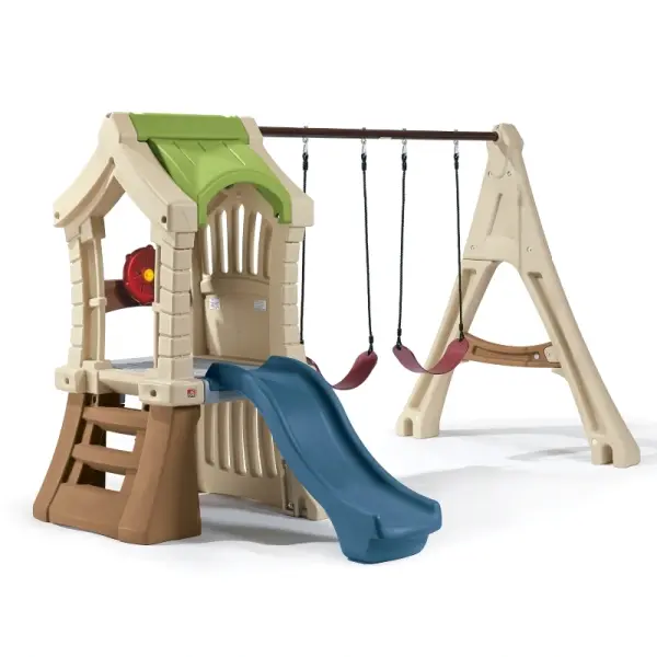 beige and green outdoor playhouse with swings and blue slide for kids