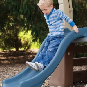 Step2 Play-Up Gym Set beige and green outdoor playhouse with swings and blue slide for kids