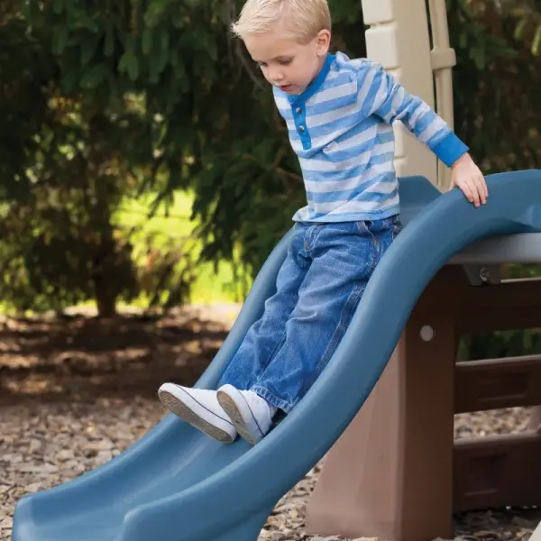 Step2 Play-Up Gym Set beige and green outdoor playhouse with swings and blue slide for kids