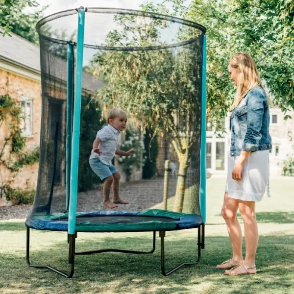 4.5ft junior trampoline with safety enclosure for kids by Plum in green, blue and black