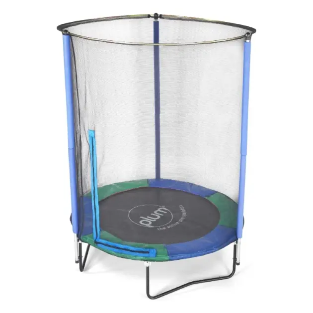 4.5ft junior trampoline with safety enclosure for kids by Plum in green, blue and black