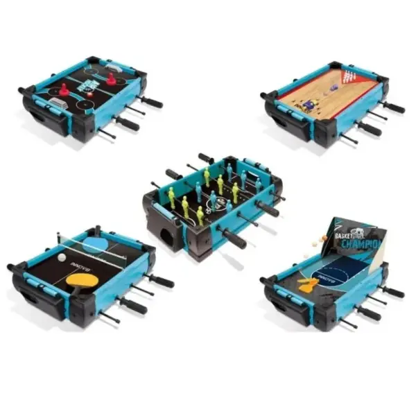 5-in-1 sports game table with foosball, basketball, pool, air hockey, and table tennis for kids