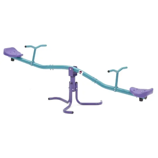 Metal rotating see saw with teal and purple steel frame for kids in garden