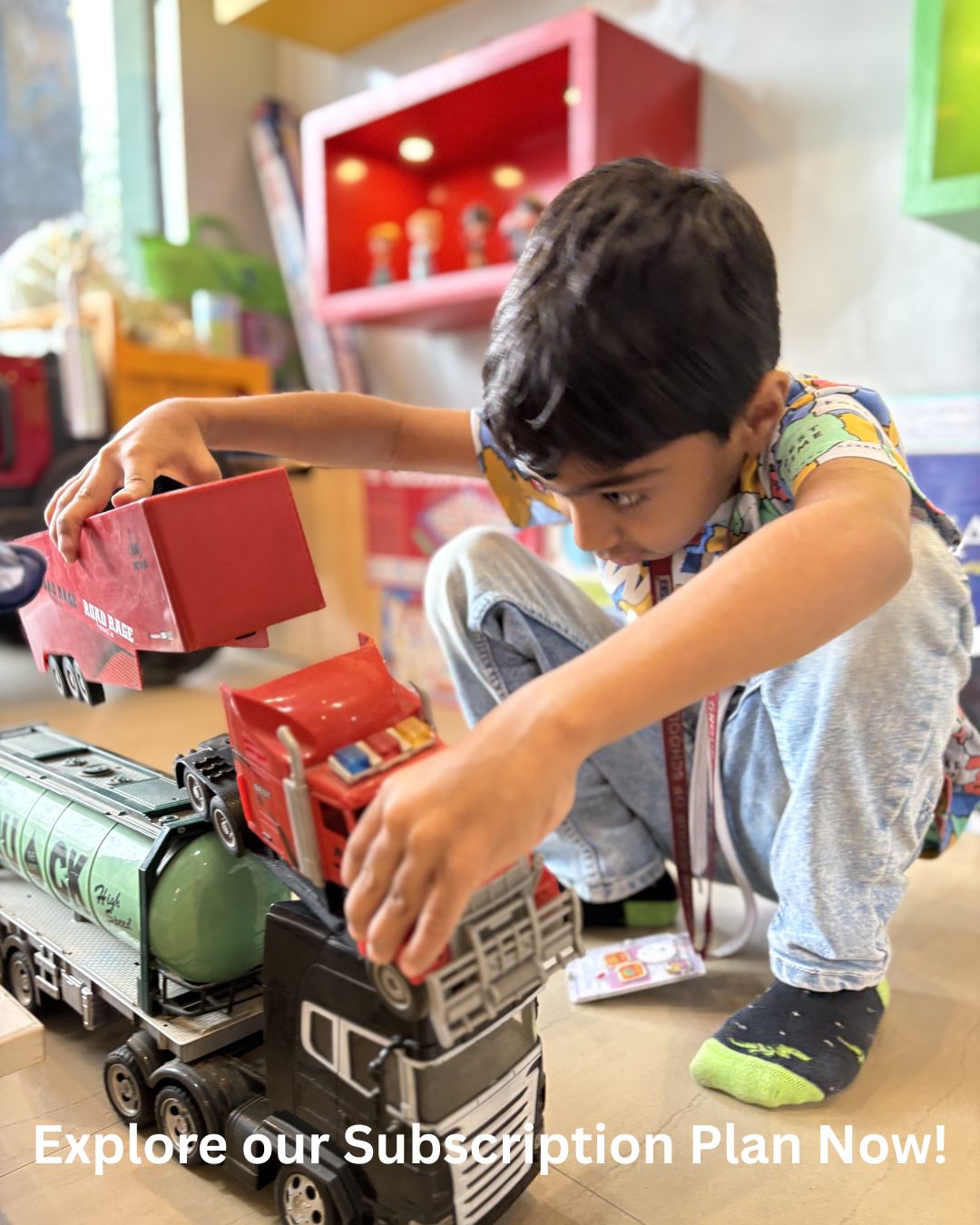 Child happily playing with toys at Butterflies Kids World highlighting the weekly toy subscription program